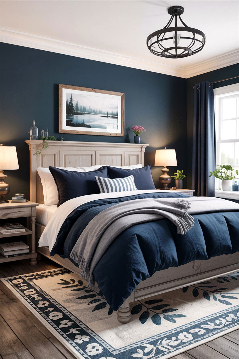 Navy blue and gray rustic bedroom - 30 rustic navy bedroom ideas