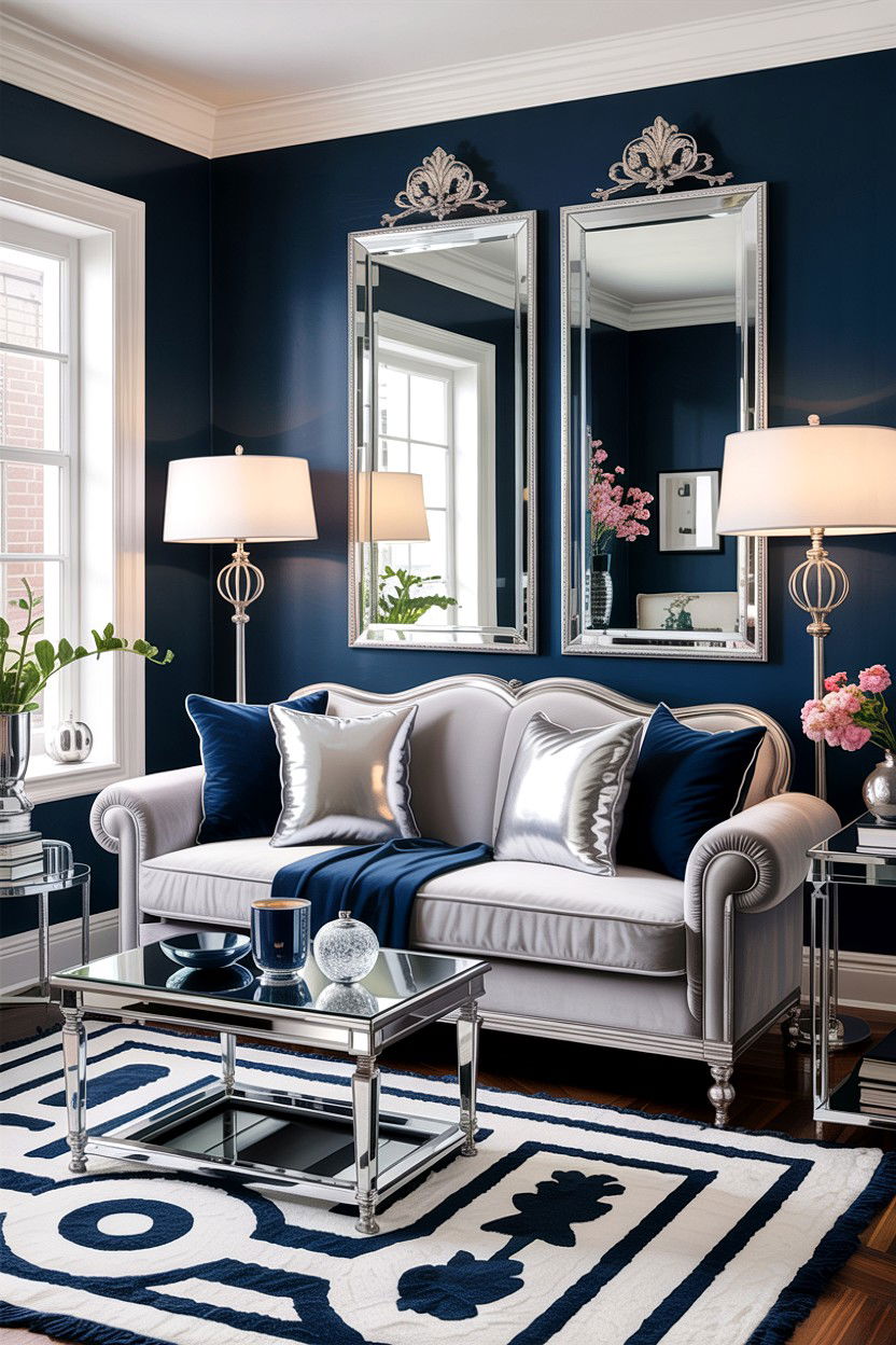 Navy blue and silver decor - 30 traditional navy living room ideas