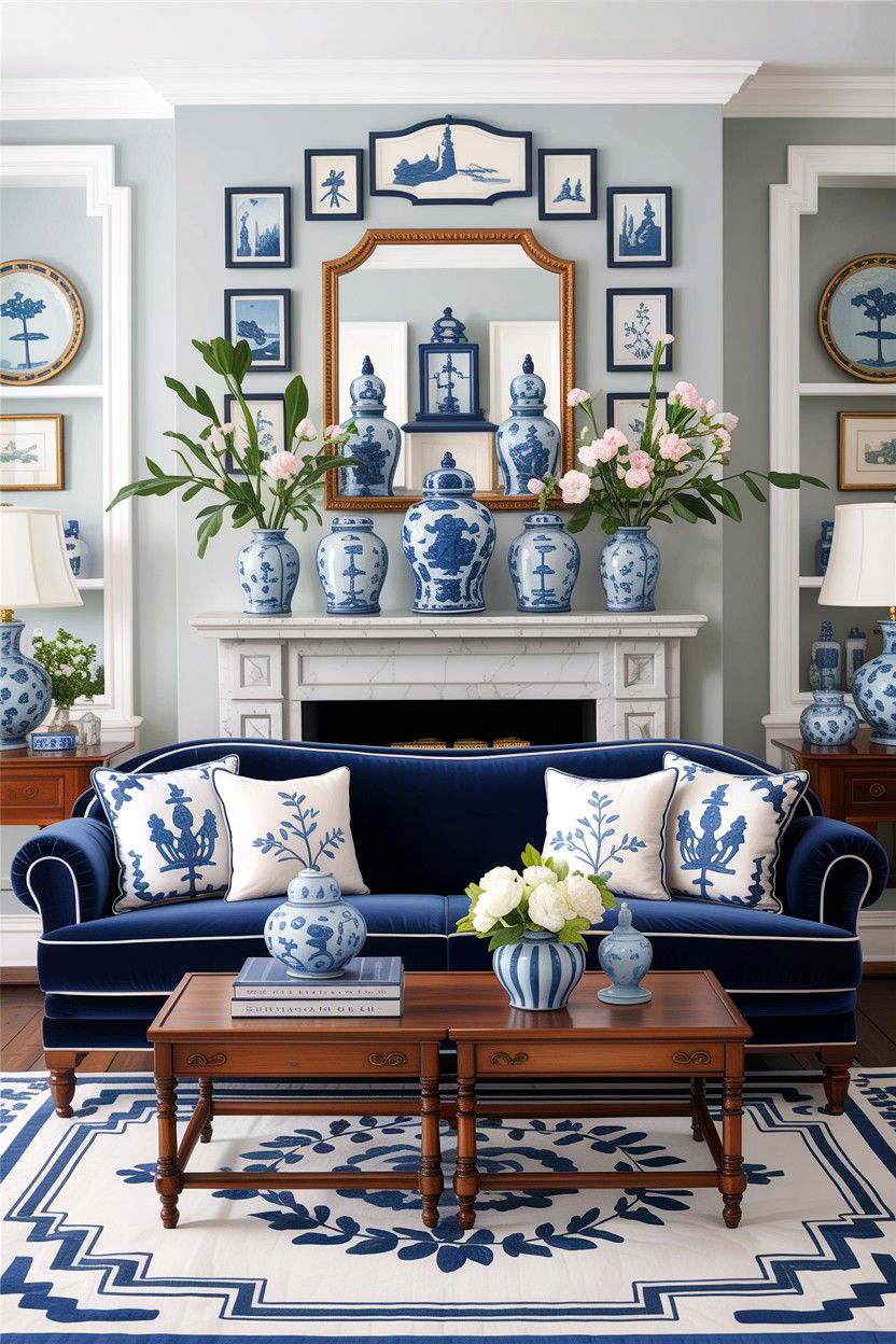 Navy blue and white chinoiserie - 30 traditional navy living room ideas