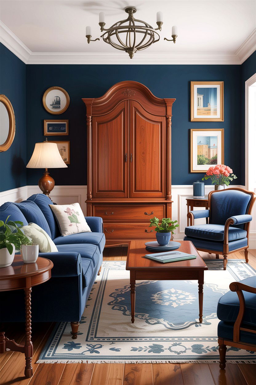 Navy blue and wood furniture - 30 traditional navy living room ideas
