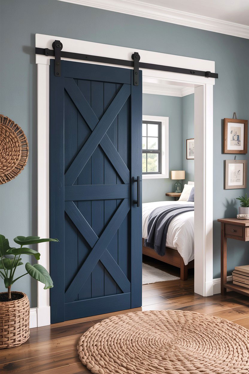 Navy blue barn door - 30 rustic navy bedroom ideas