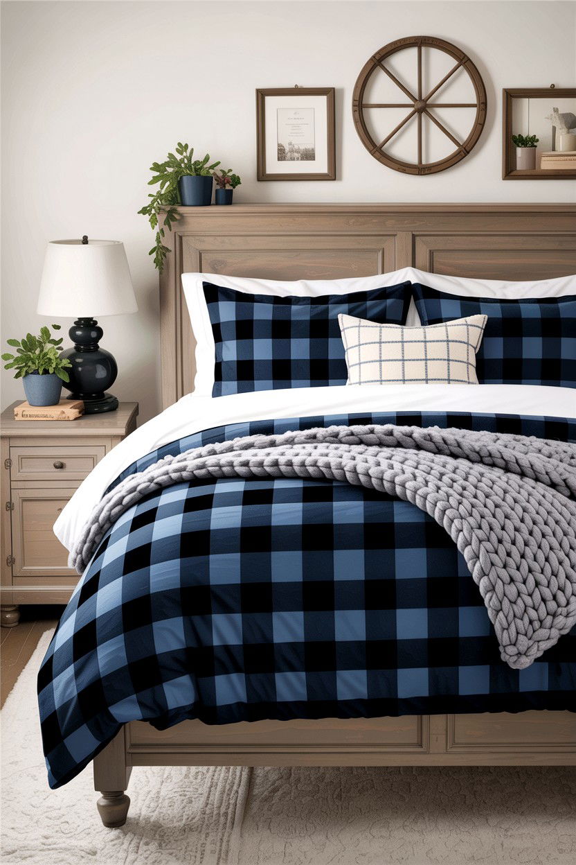 Navy blue buffalo check bedding - 30 rustic navy bedroom ideas