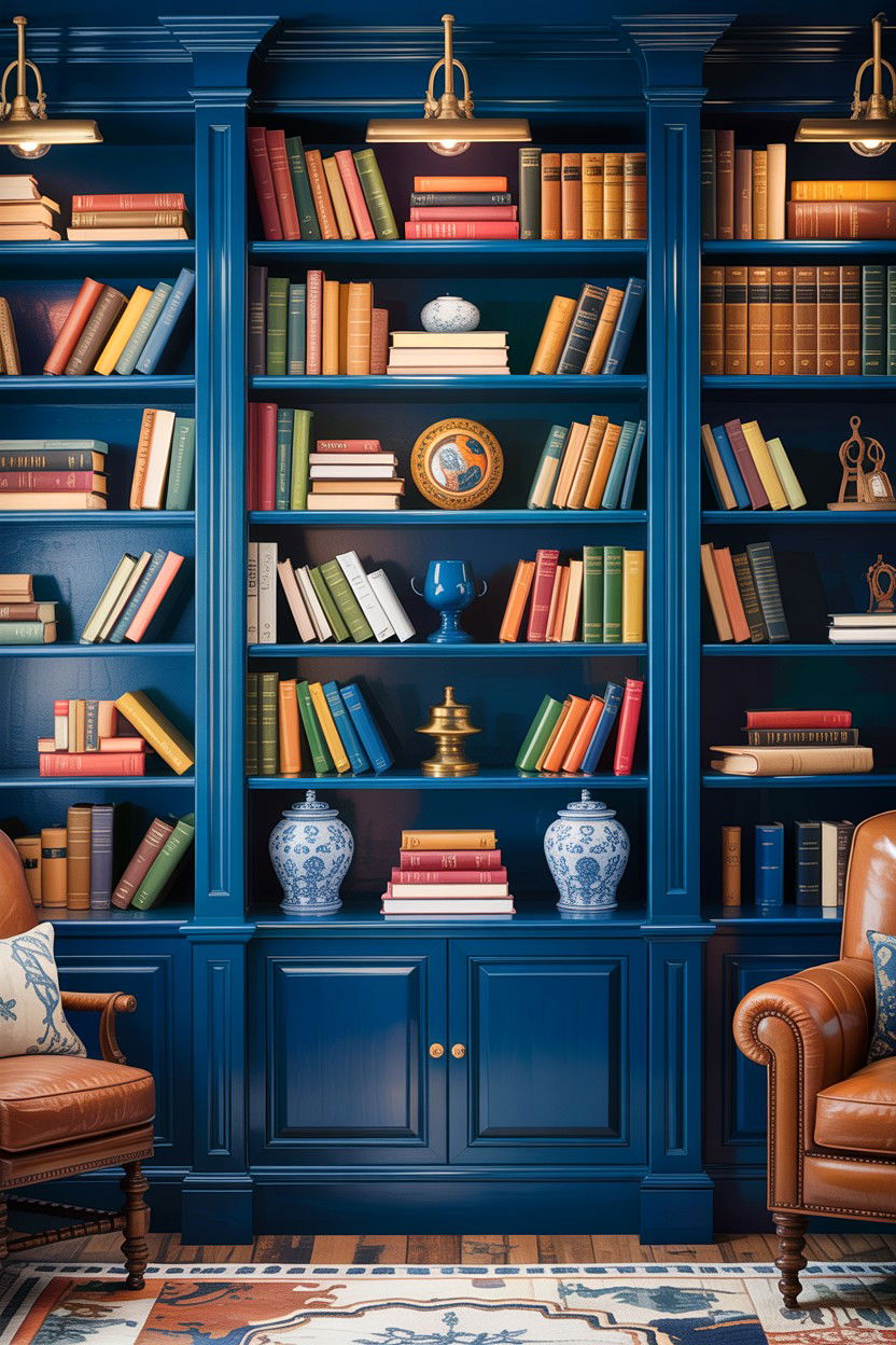 Navy blue built in bookshelves - 30 traditional navy living room ideas