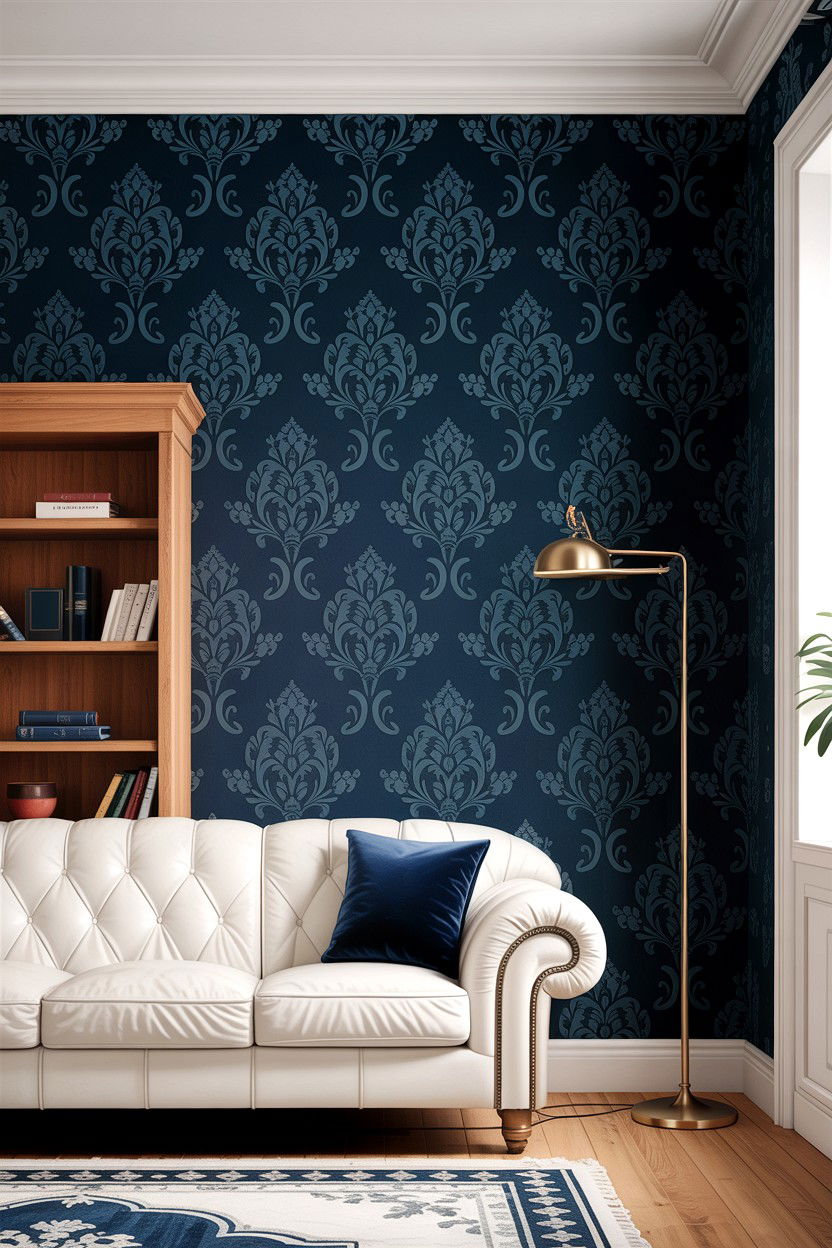 Navy blue damask wallpaper - 30 living room damask wallpapers