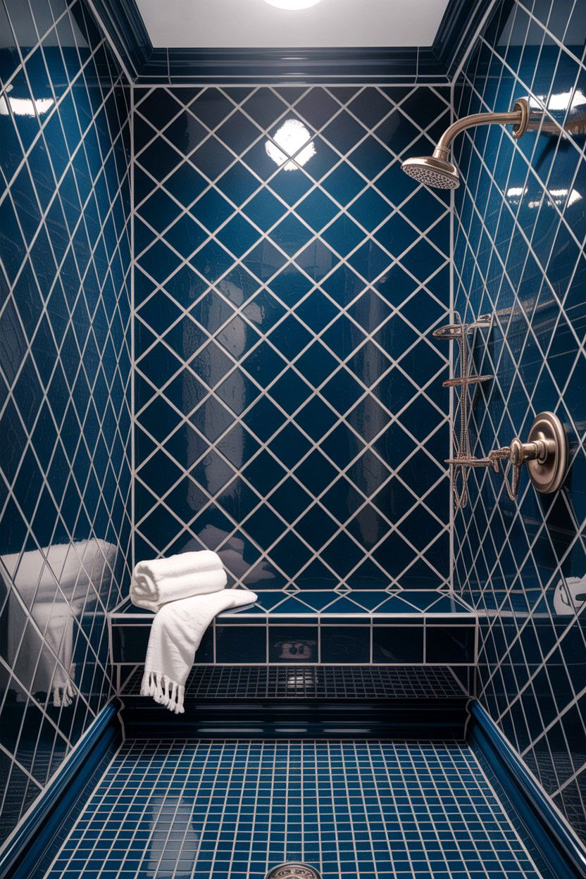 Navy blue diamond tile shower - 30 diamond tile bathroom ideas