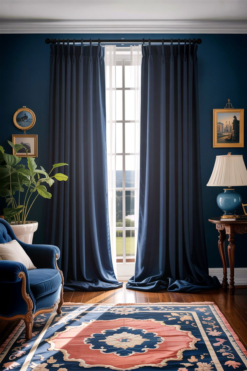 Navy blue floor to ceiling curtains - 30 traditional navy living room ideas