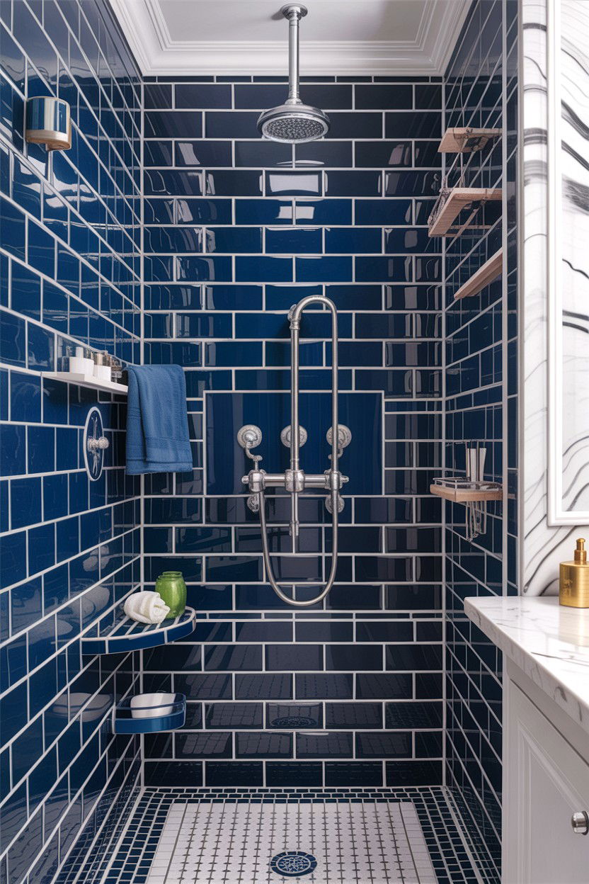 Navy blue glass mosaic shower - 30 glass mosaic bathroom ideas