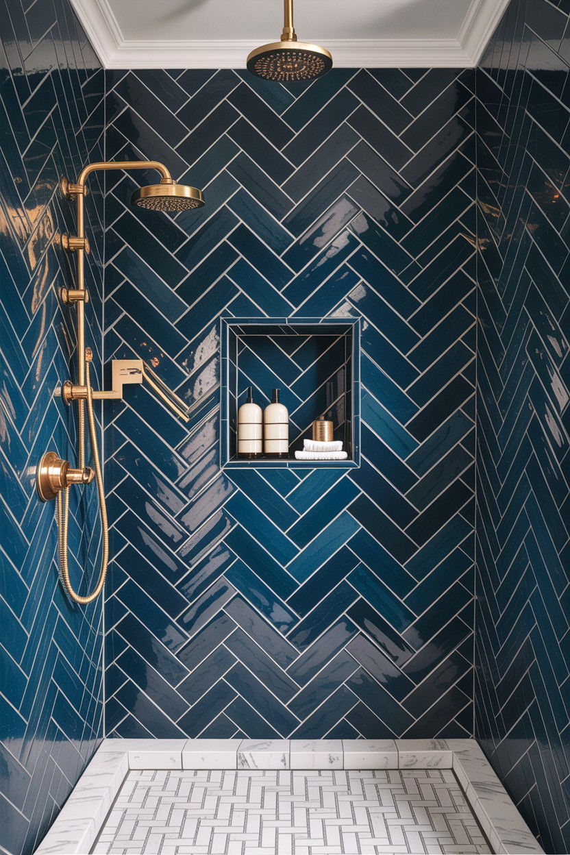 Navy blue herringbone tile shower - 30 herringbone pattern bathroom ideas