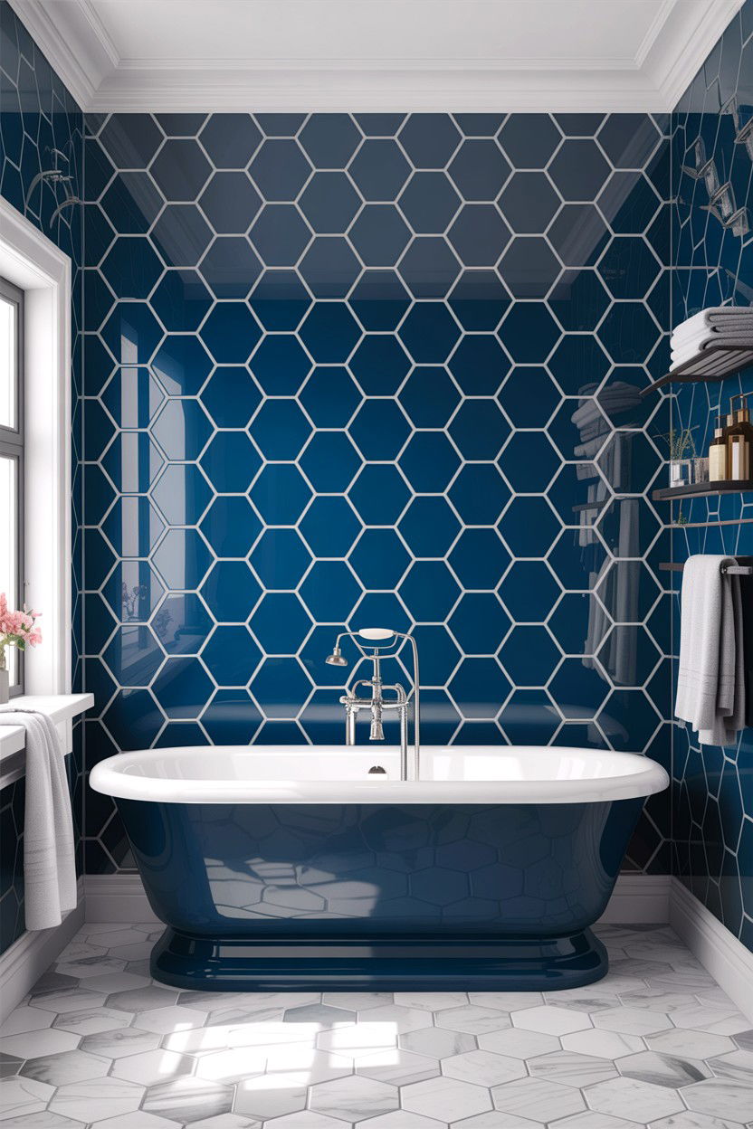 Navy blue hexagon bathroom wall - 30 honeycomb tile bathroom ideas