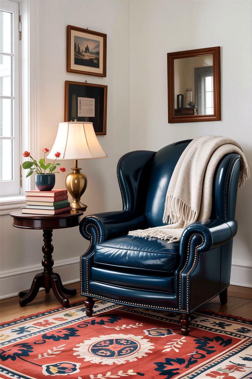 Navy blue leather armchair - 30 traditional navy living room ideas