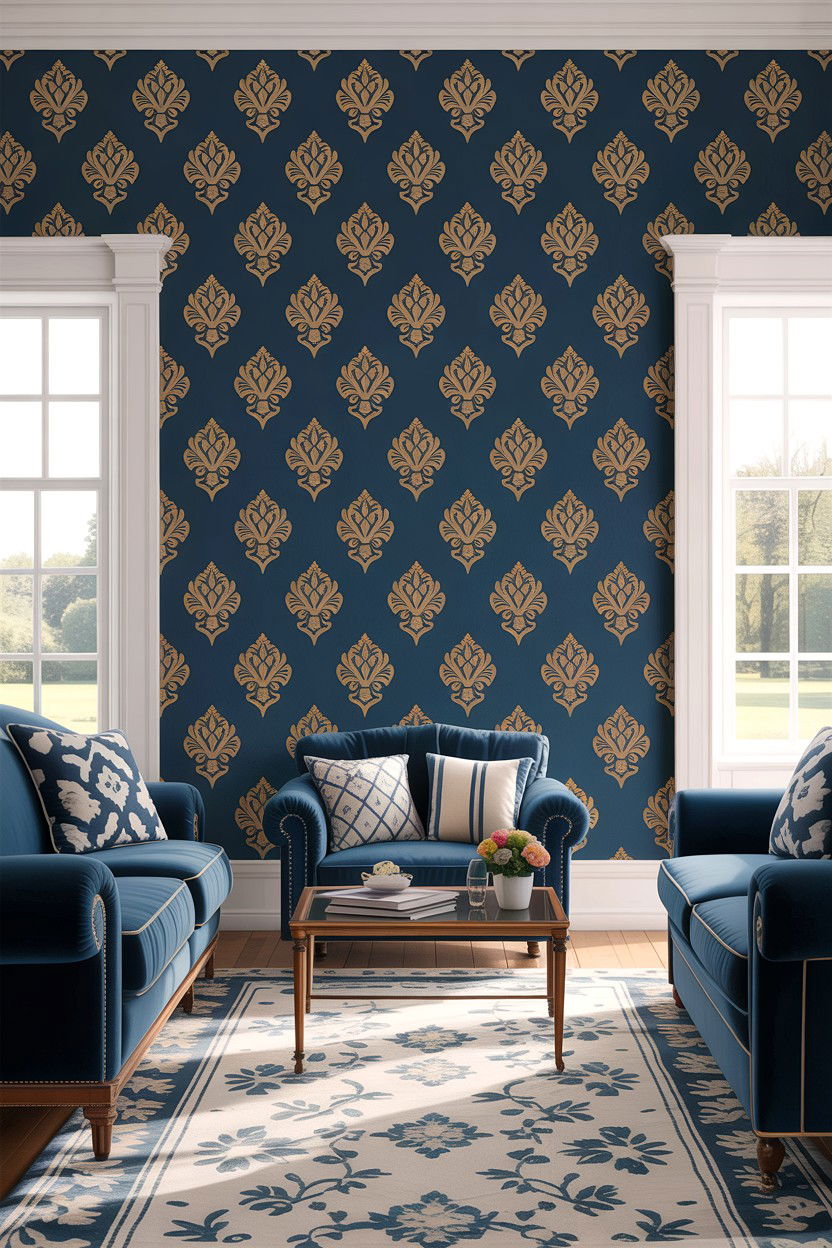 Navy blue patterned wallpaper - 30 traditional navy living room ideas
