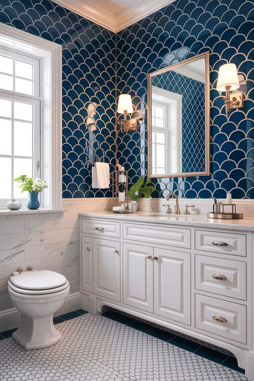 Navy blue scalloped tile bathroom - 30 fish scale tile bathroom ideas