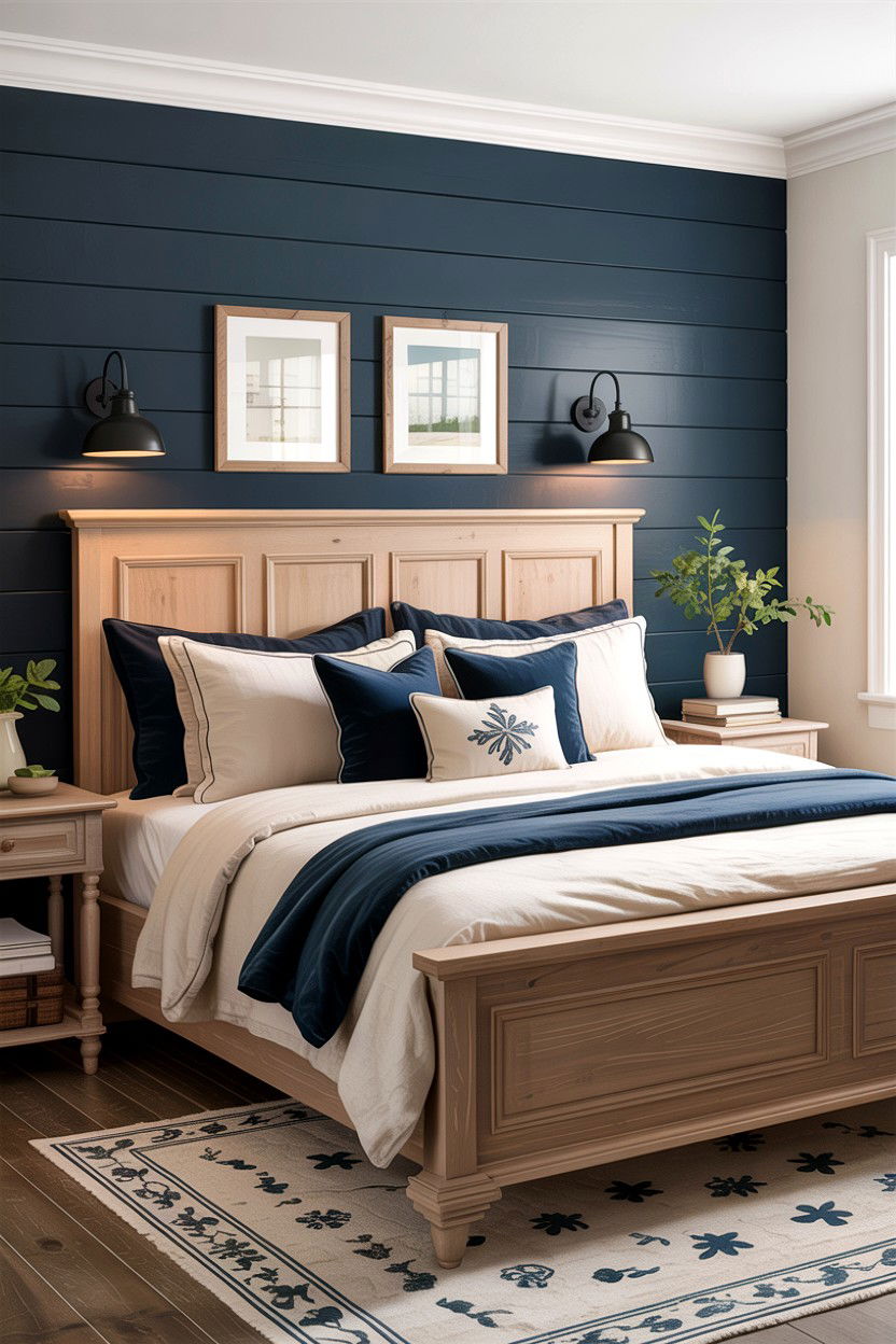 Navy blue shiplap wall - 30 rustic navy bedroom ideas