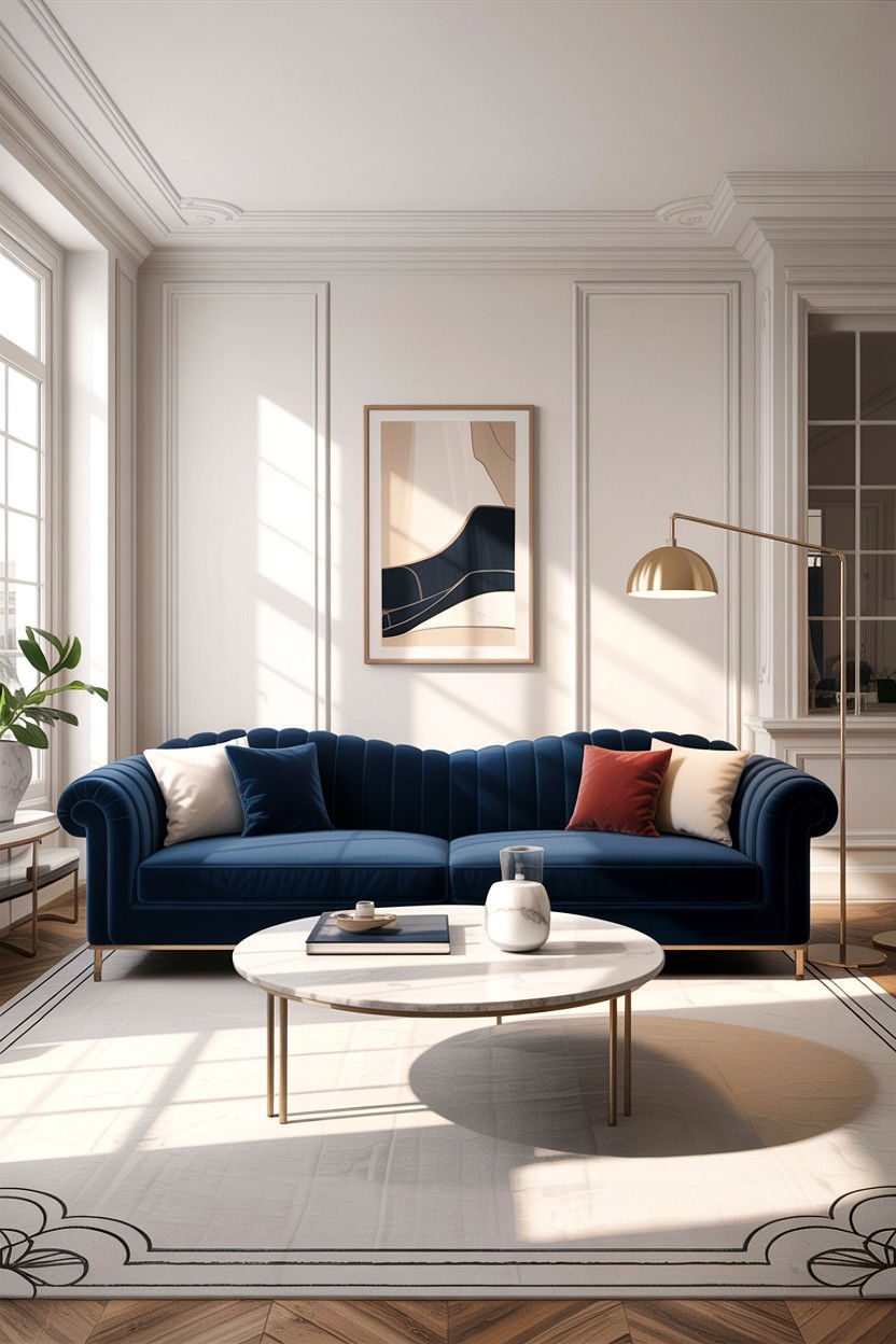 Navy blue sofa - 30 blue and white living room ideas