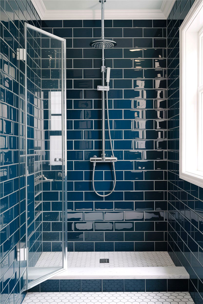 Navy blue subway tile shower - 30 colored subway tile bathroom ideas