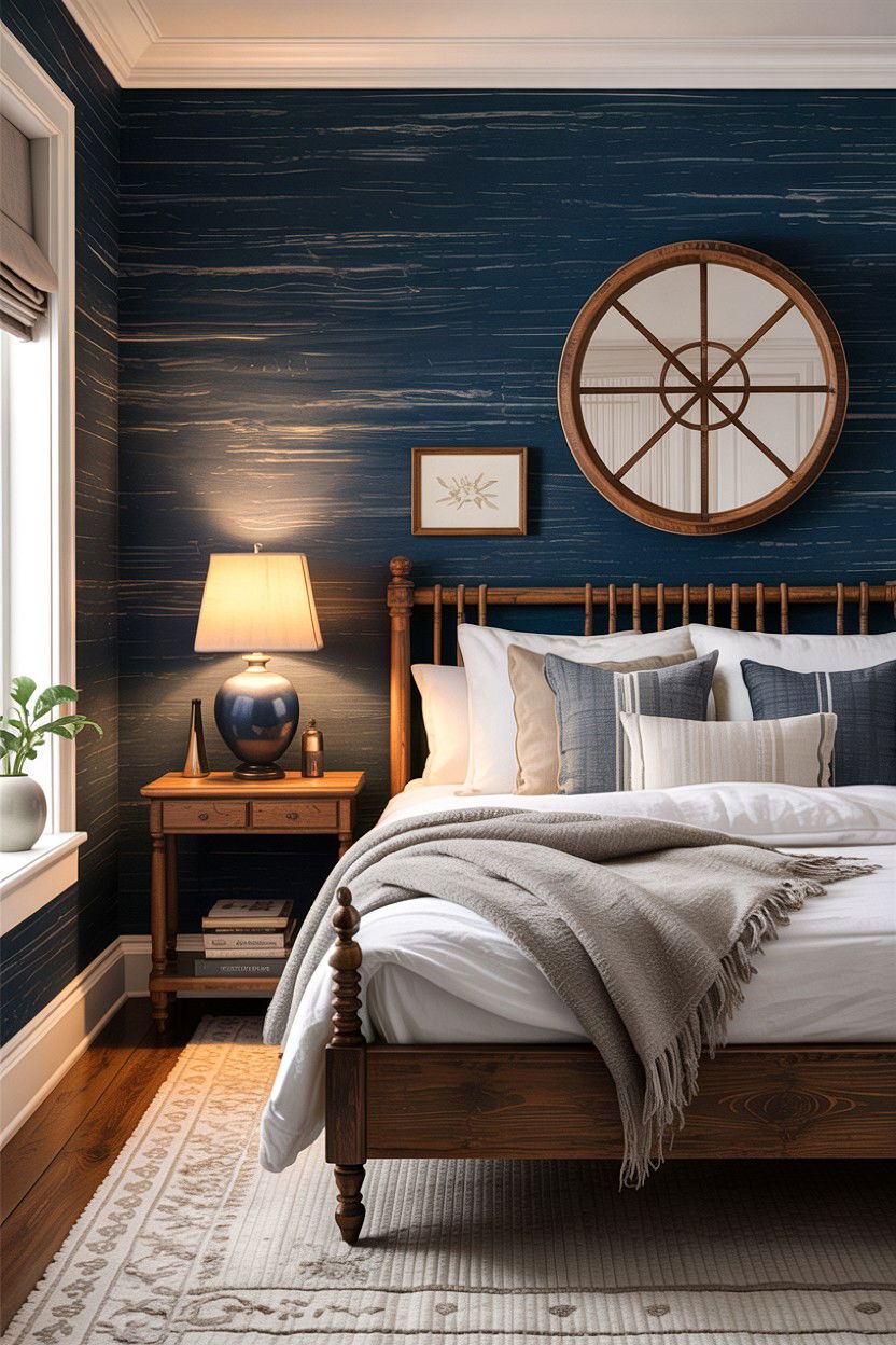 Navy blue textured wallpaper rustic style - 30 rustic navy bedroom ideas