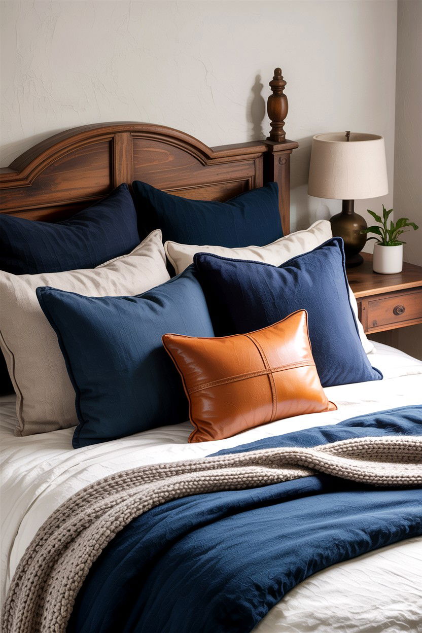 Navy blue throw pillows for rustic bed - 30 rustic navy bedroom ideas