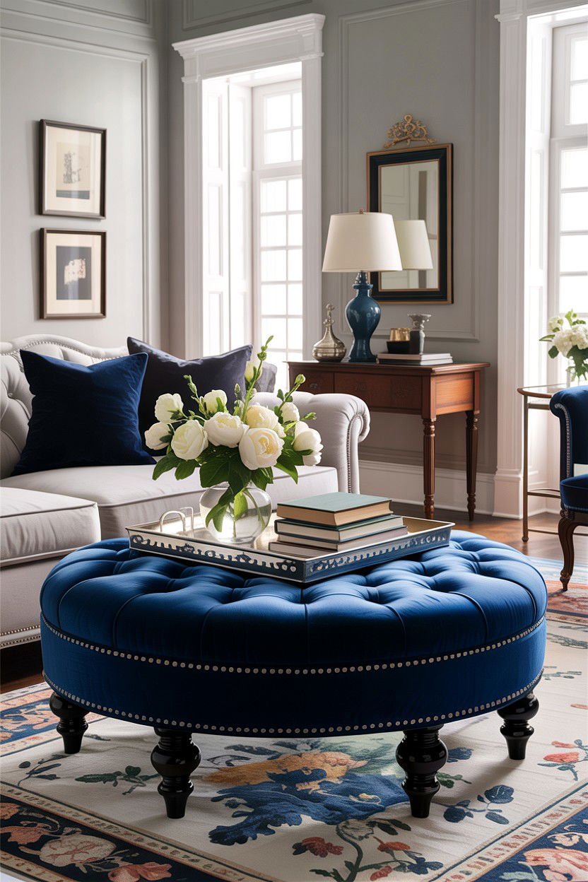 Navy blue tufted ottoman - 30 traditional navy living room ideas