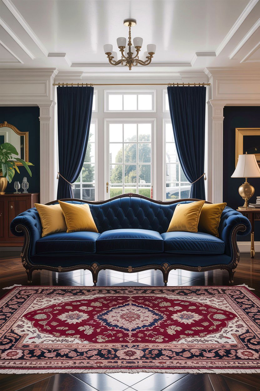 Navy blue velvet sofa - 30 traditional navy living room ideas