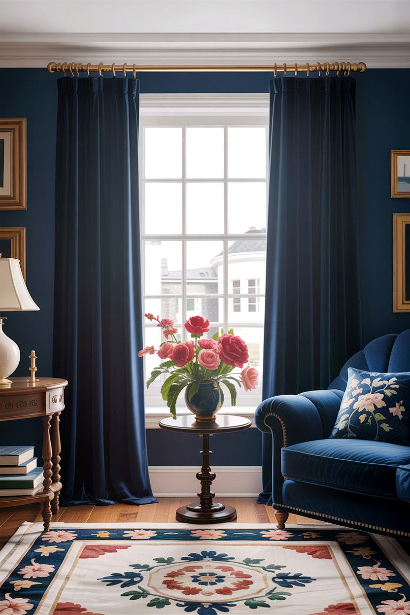 Navy blue window treatments - 30 traditional navy living room ideas