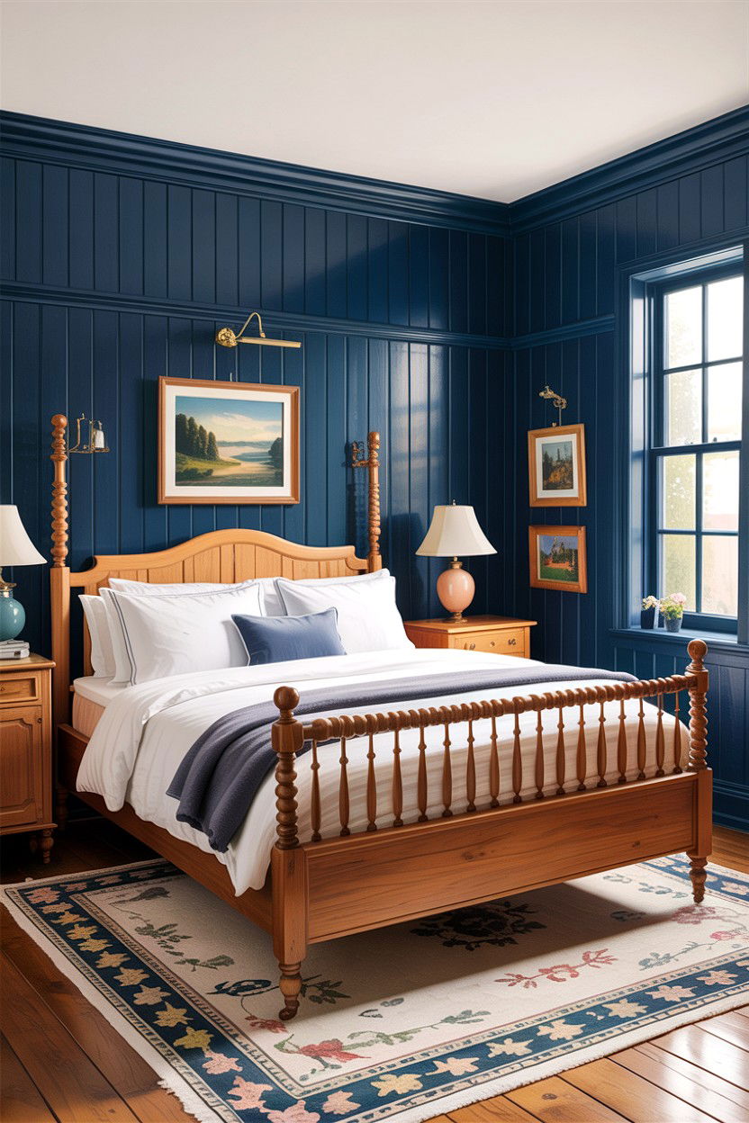 Navy blue wood paneled bedroom - 30 rustic navy bedroom ideas