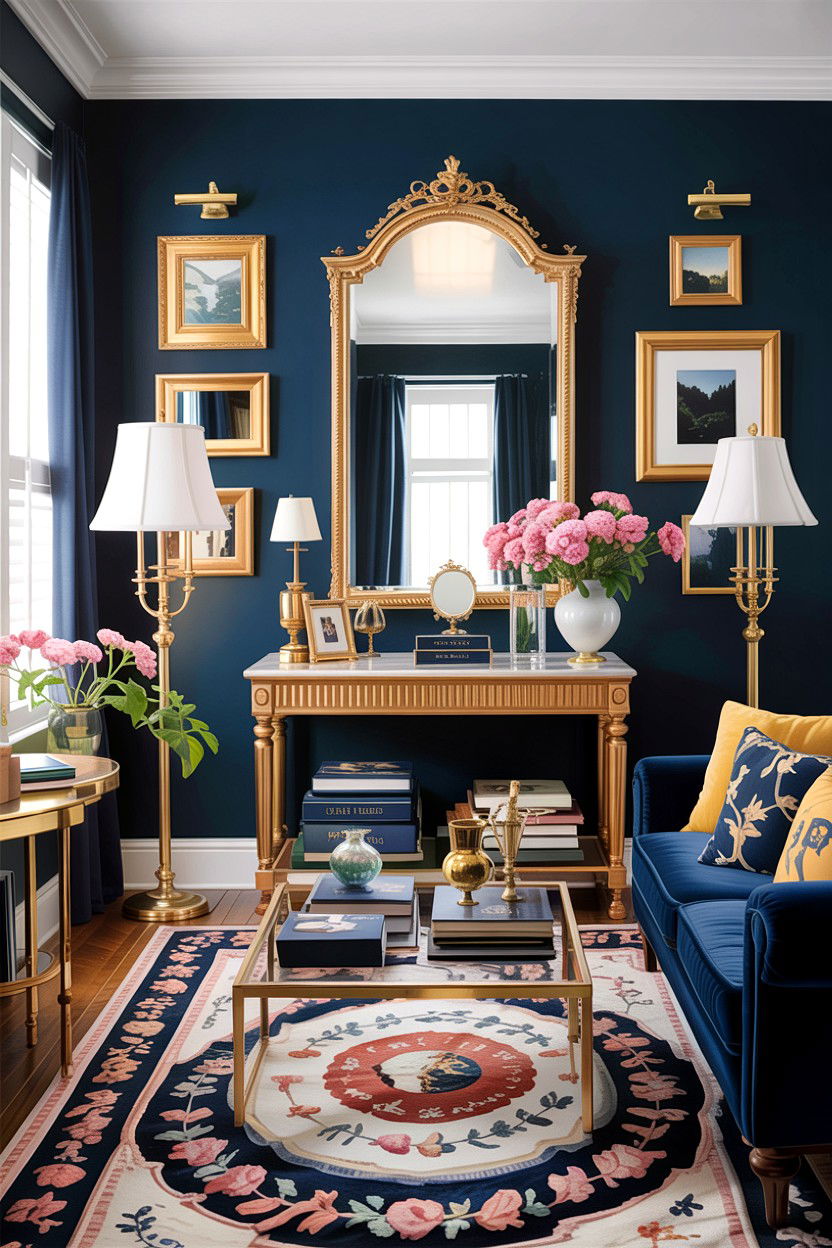 Navy living room brass accents - 30 traditional navy living room ideas