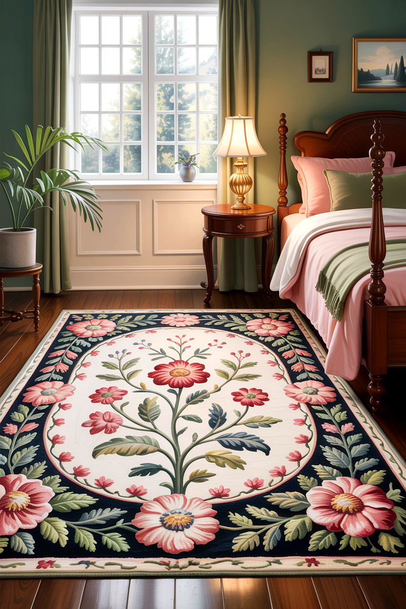Needlepoint Floral Rug - 30 grandmillennial bedroom ideas
