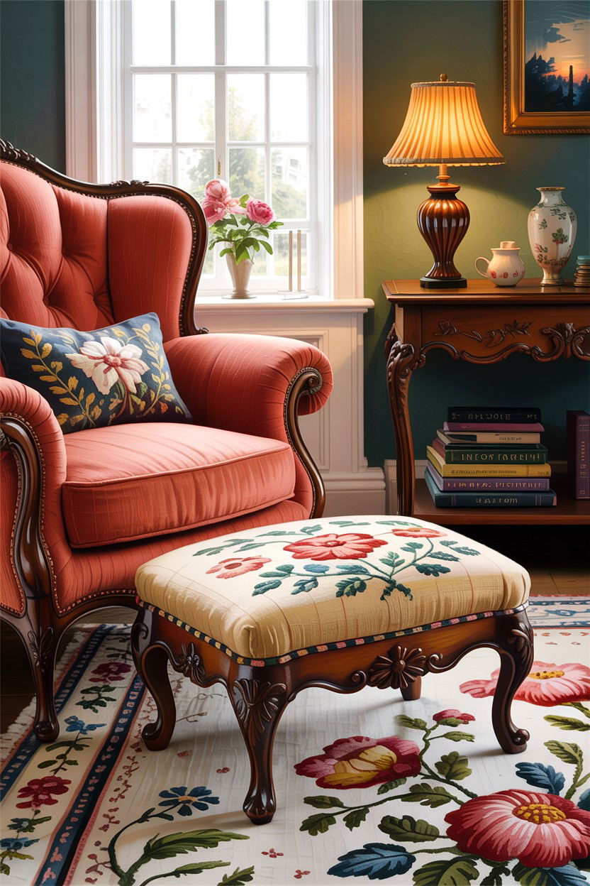 Needlepoint Footstool - 30 living room English furniture ideas