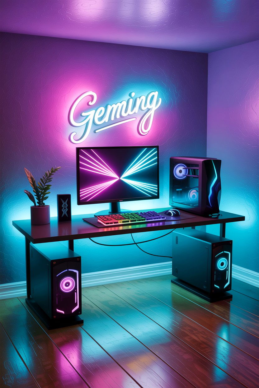 Neon Sign Gaming Setup - 30 gamer setup bedroom ideas