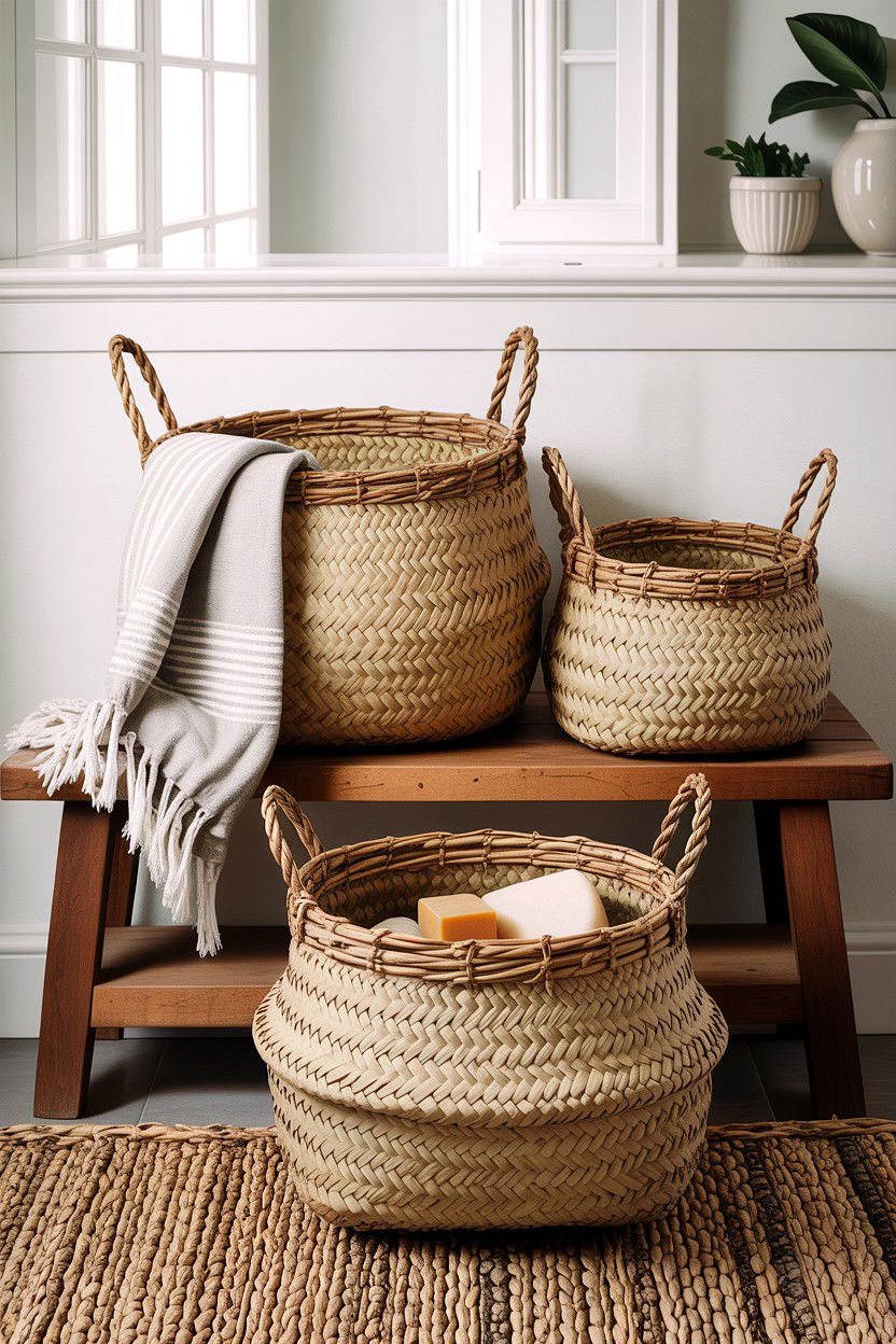 Nested seagrass basket set - 30 bathroom basket storage ideas