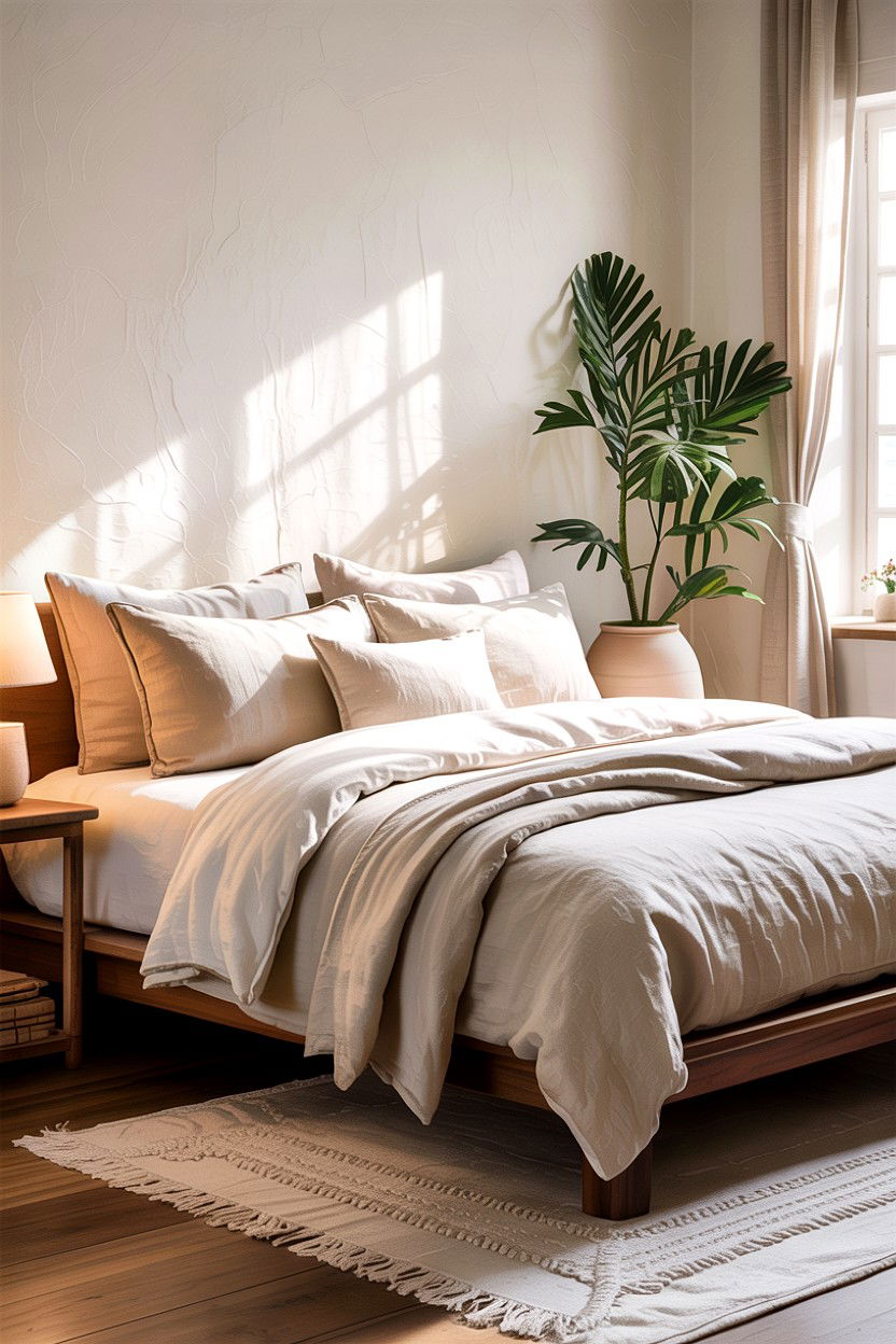 Neutral Linen Bedding Set - 30 Balinese bedroom ideas