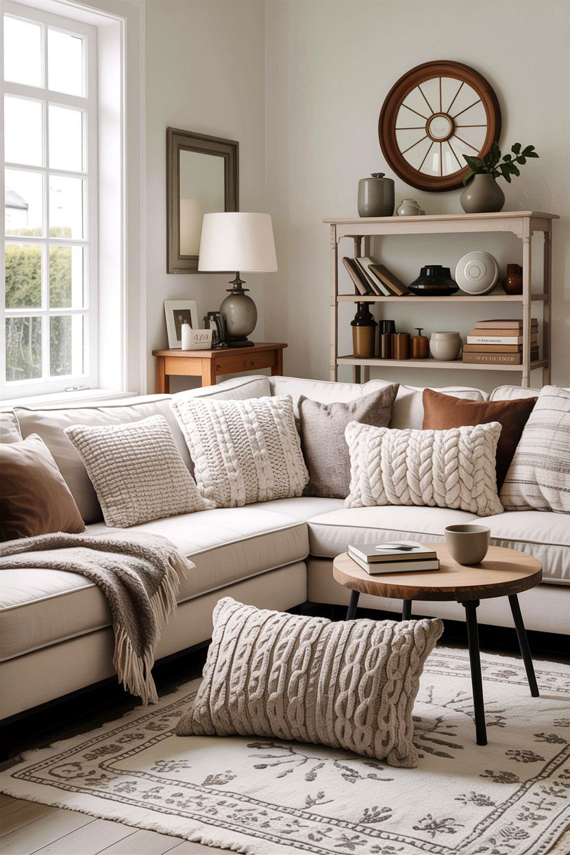 Neutral Pillows - 30 rustic white living room ideas