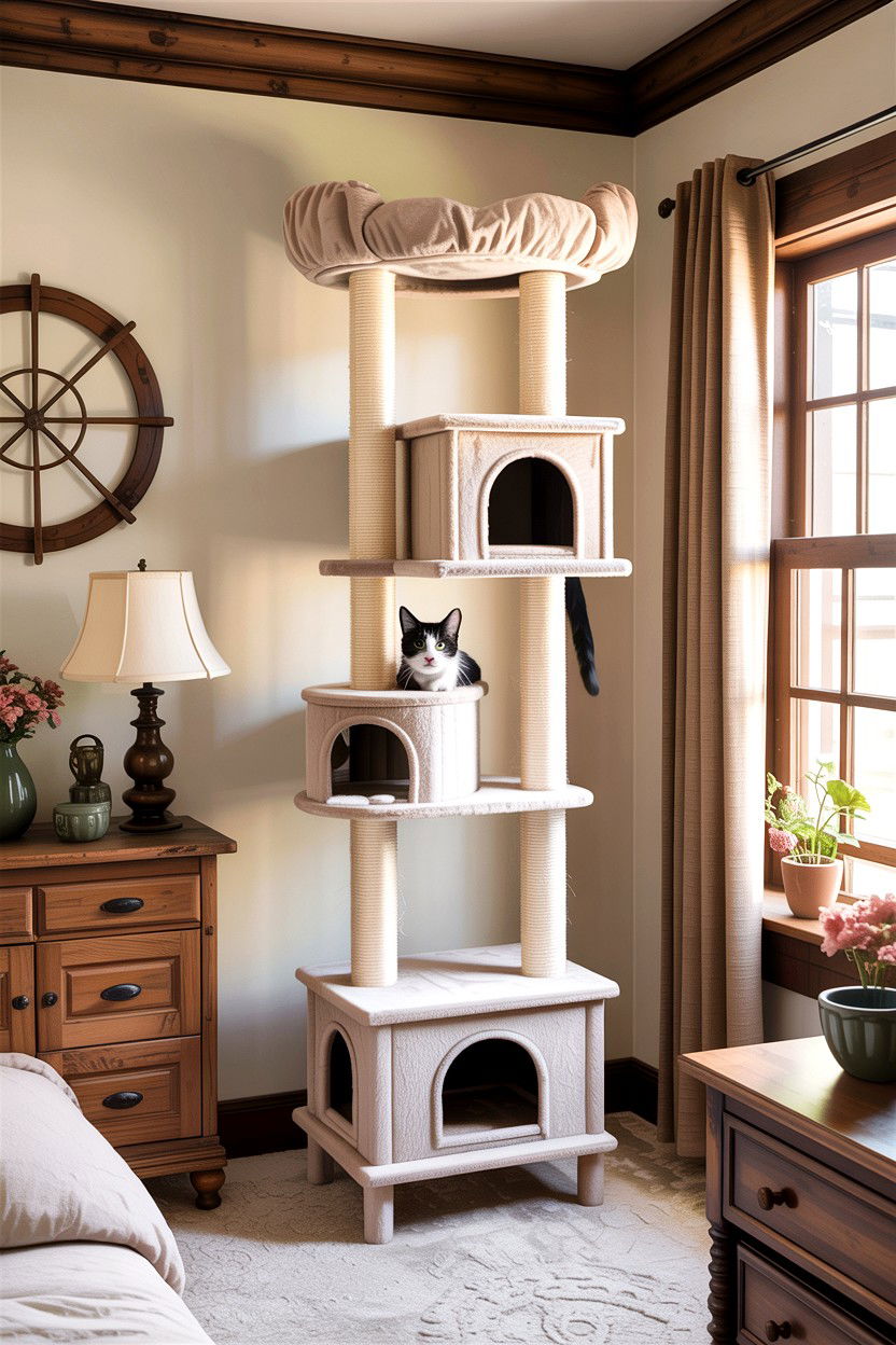 Neutral Tone Cat Tower - 30 cat tree bedroom ideas