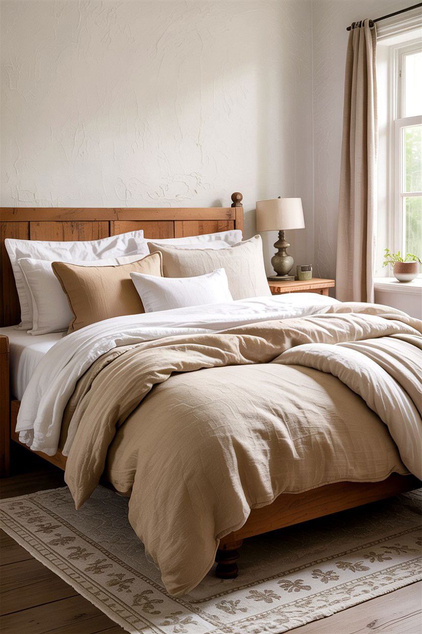 Neutral linen bedding - 30 rustic cream bedroom ideas