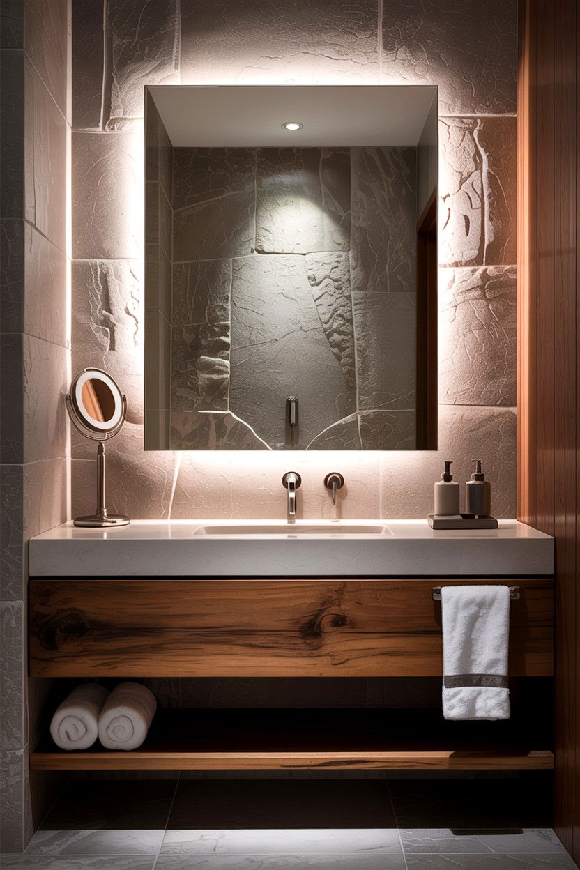 Offset Backlit Mirror - 30 bathroom asymmetry ideas