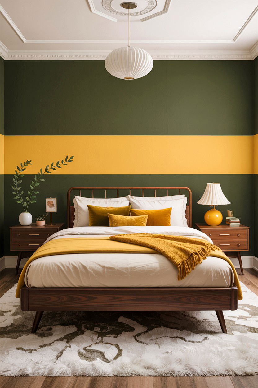 Olive green and mustard yellow bedroom - 30 bedroom two tone walls