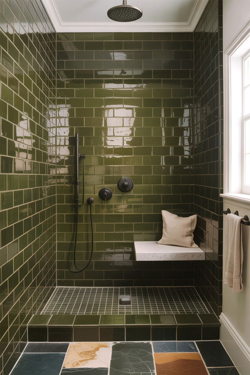 Olive green subway tile shower - 30 colored subway tile bathroom ideas