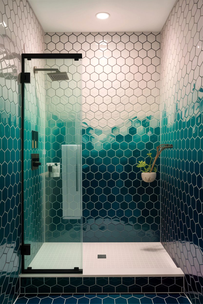 Ombre honeycomb tile shower wall - 30 honeycomb tile bathroom ideas