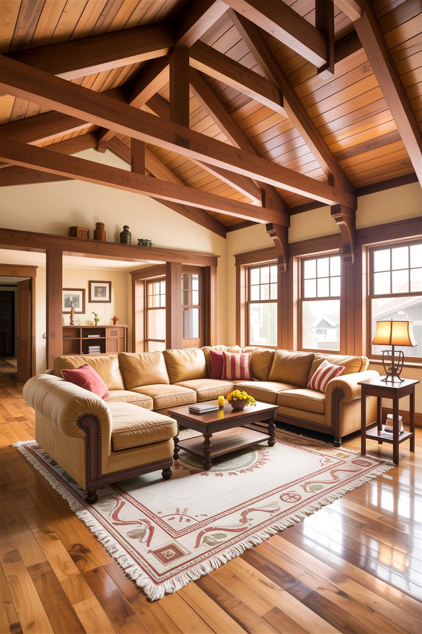 Open Concept Craftsman Living Room With Wood Beams - 30 living room Craftsman furniture ideas