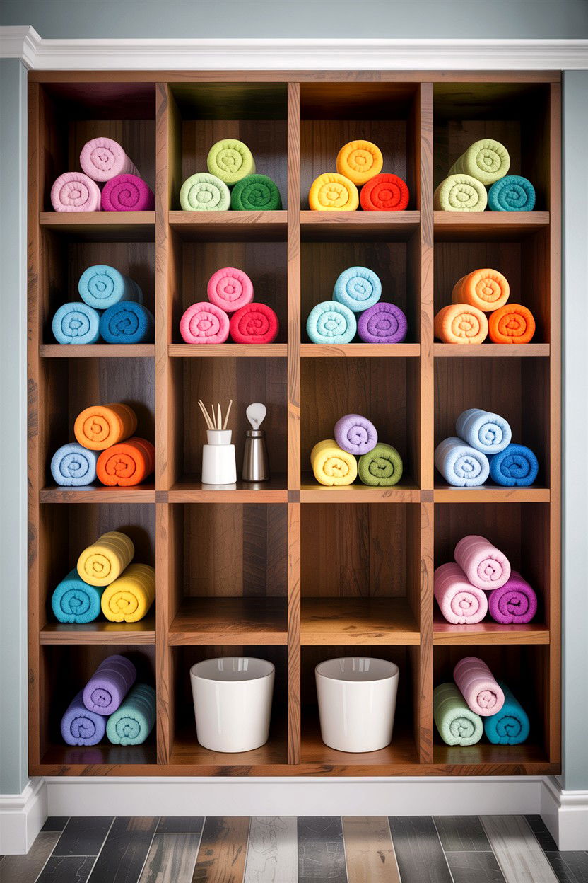 Open Cubby - 30 bathroom built-in storage ideas