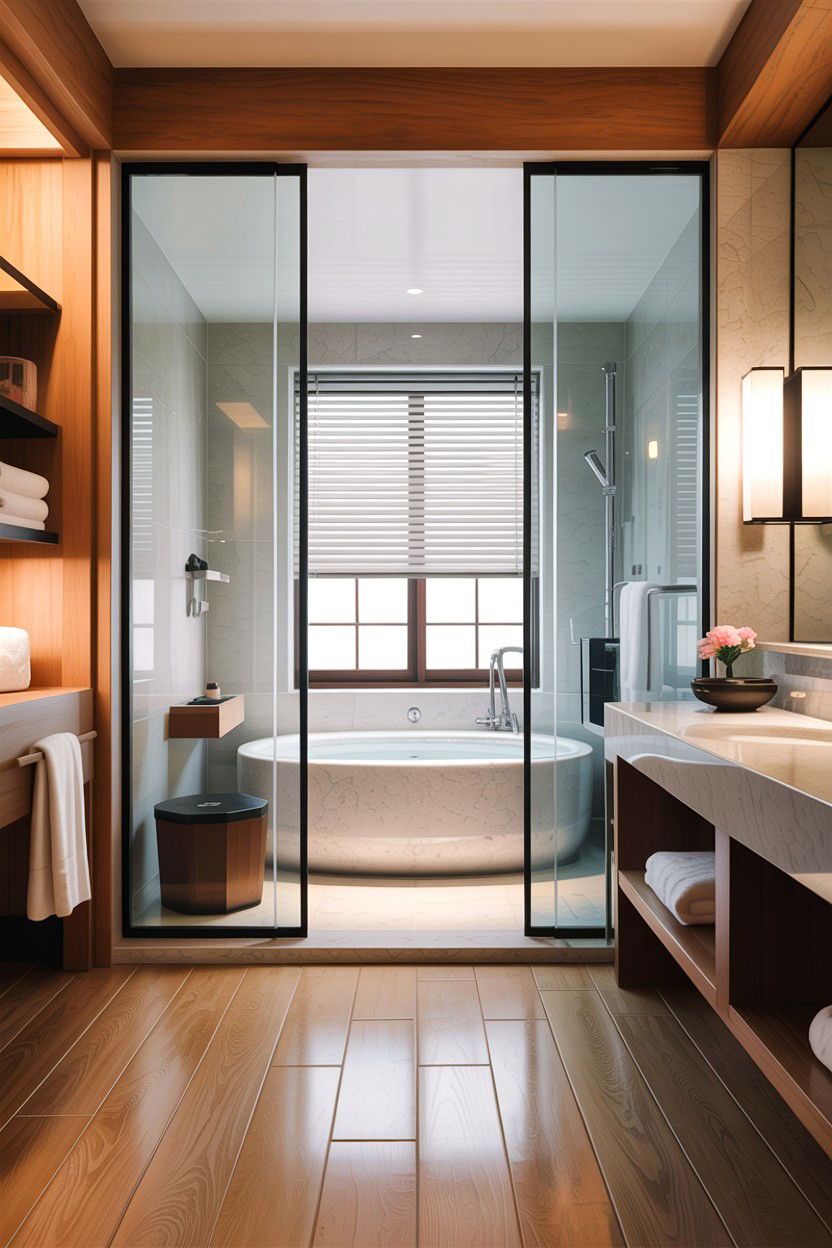 Open concept Japanese bath - 30 Japanese bathroom ideas