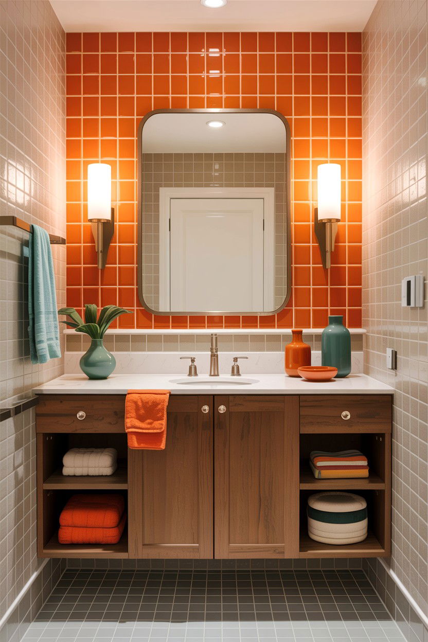 Orange grout accent wall - 30 colored grout bathroom ideas