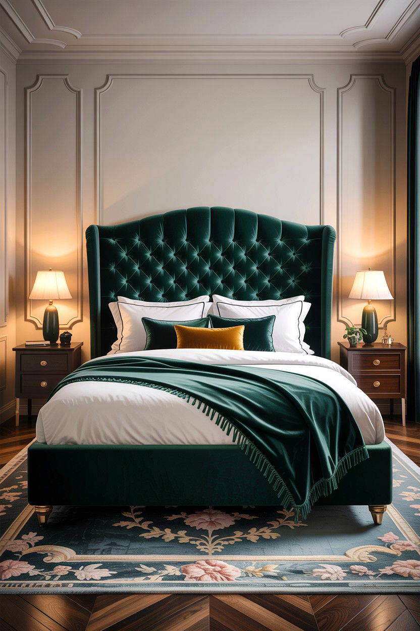 Oversized Velvet Headboard - 30 dramatic bedroom ideas