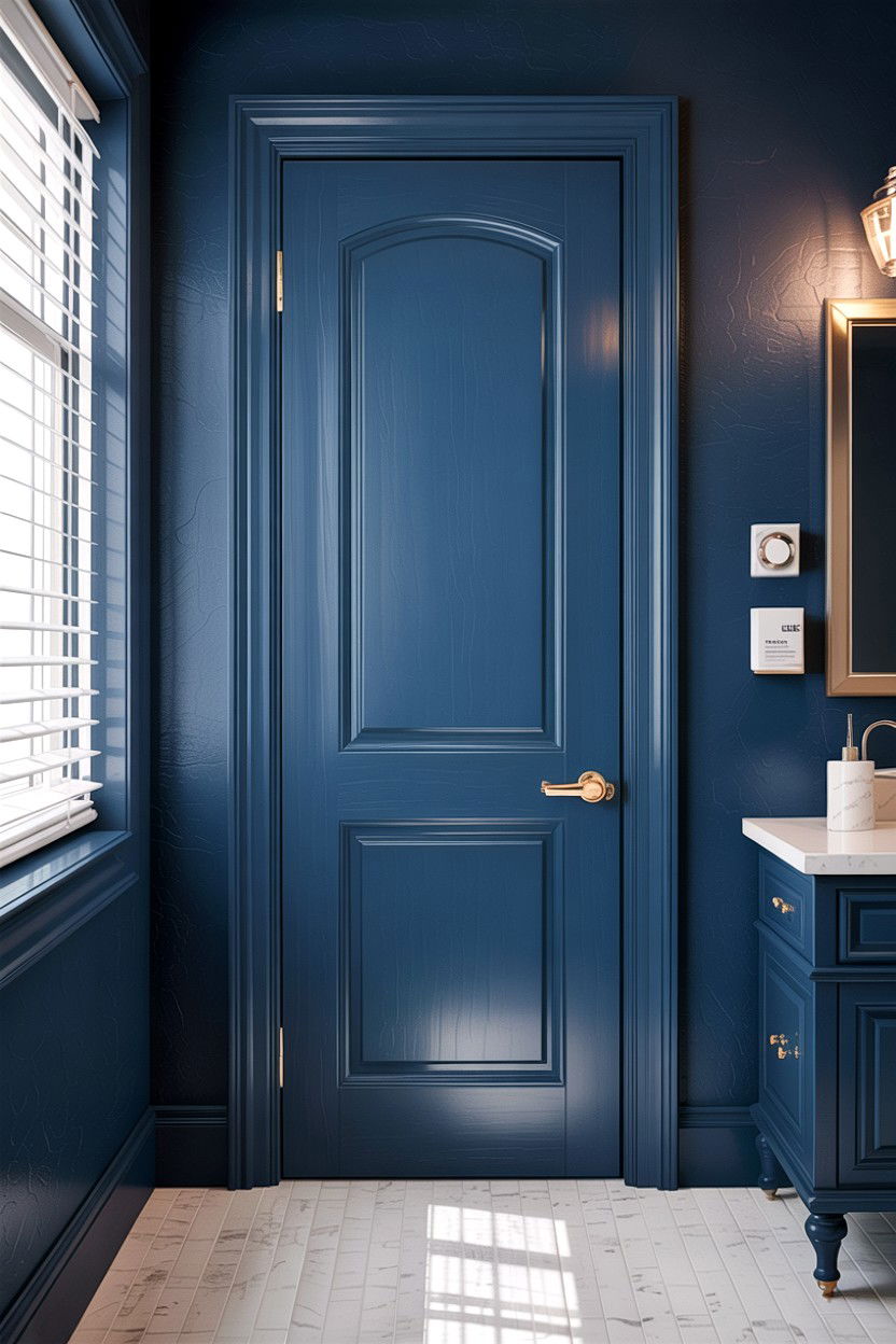 Painted navy bathroom door - 30 bathroom door statement ideas