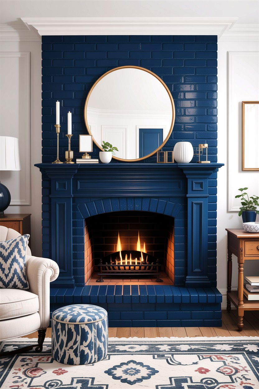 Painted navy brick fireplace - 30 living room fireplace brick ideas