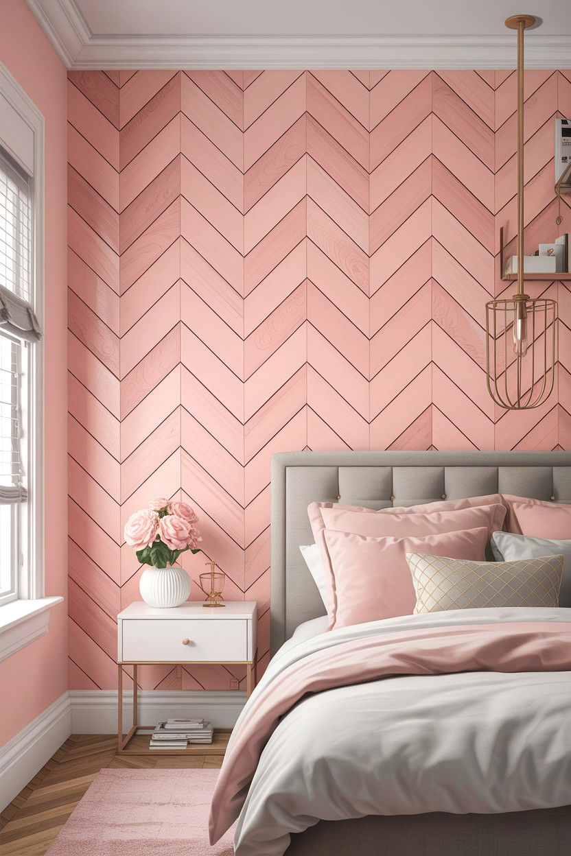 Pale pink herringbone wall - 30 bedroom herringbone wall ideas