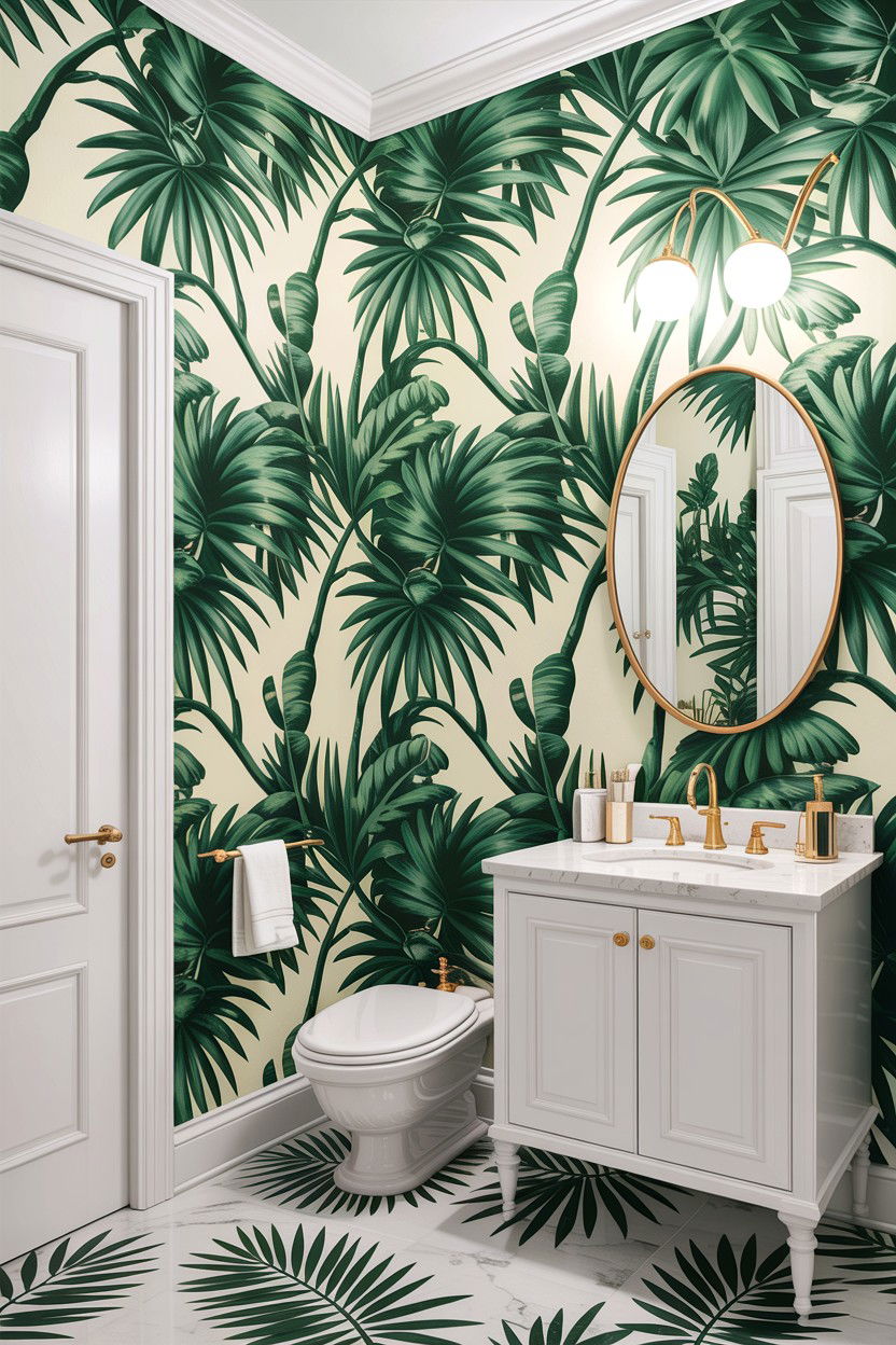 Palm leaf wallpaper bathroom - 30 Hollywood regency bathroom ideas