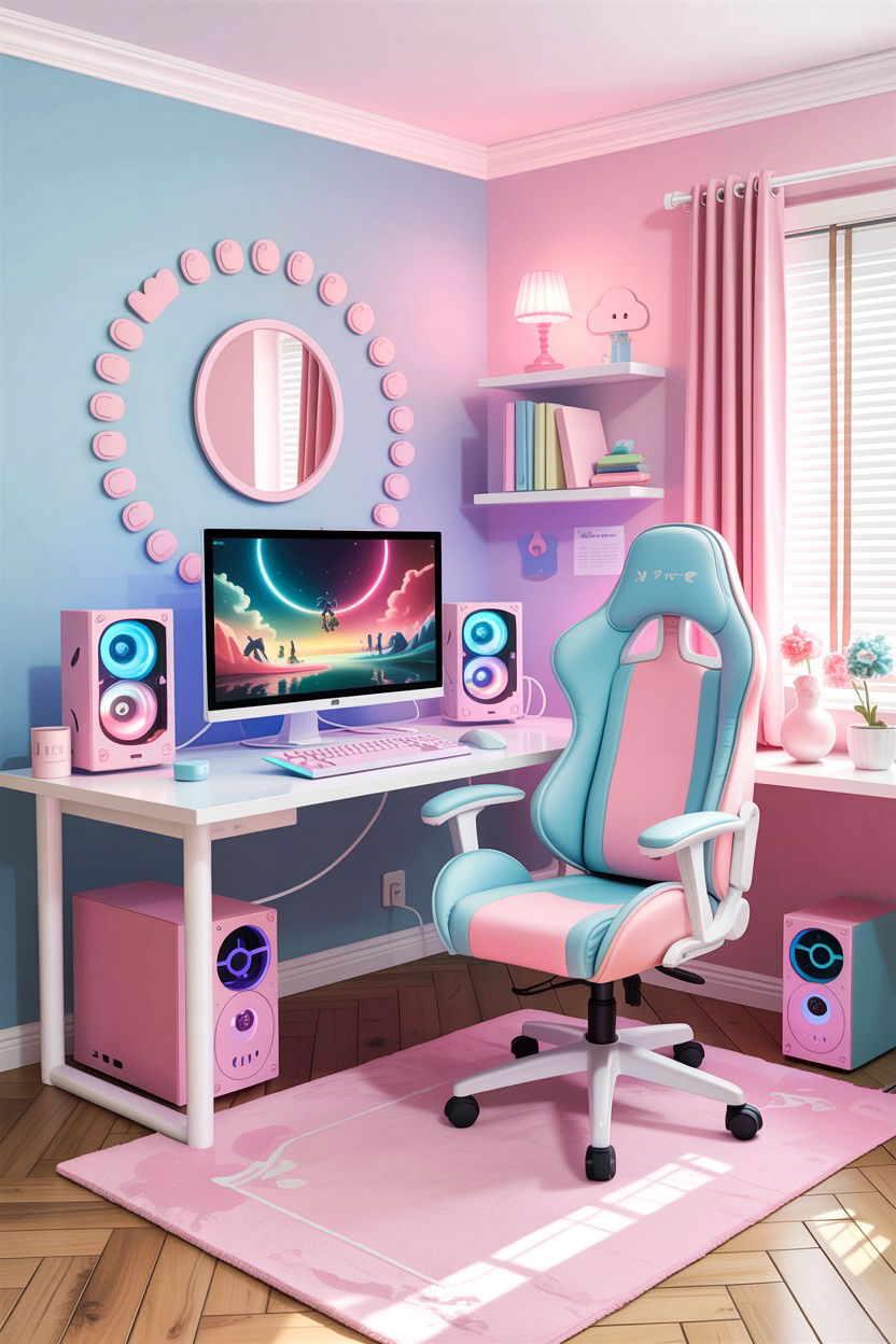 Pastel Aesthetic Gaming Setup - 30 gaming living room ideas