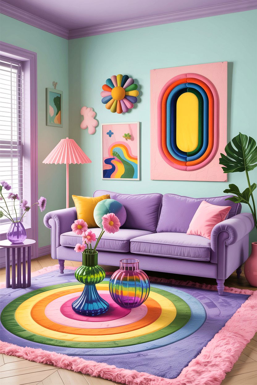 Pastel rainbow living room - 30 cluttercore living room ideas