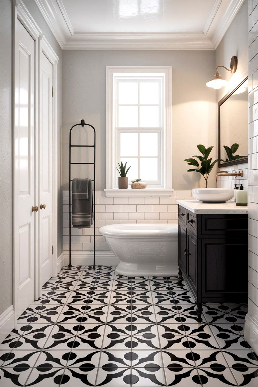 Patterned Floor Neutral Walls - 30 bathroom balance ideas